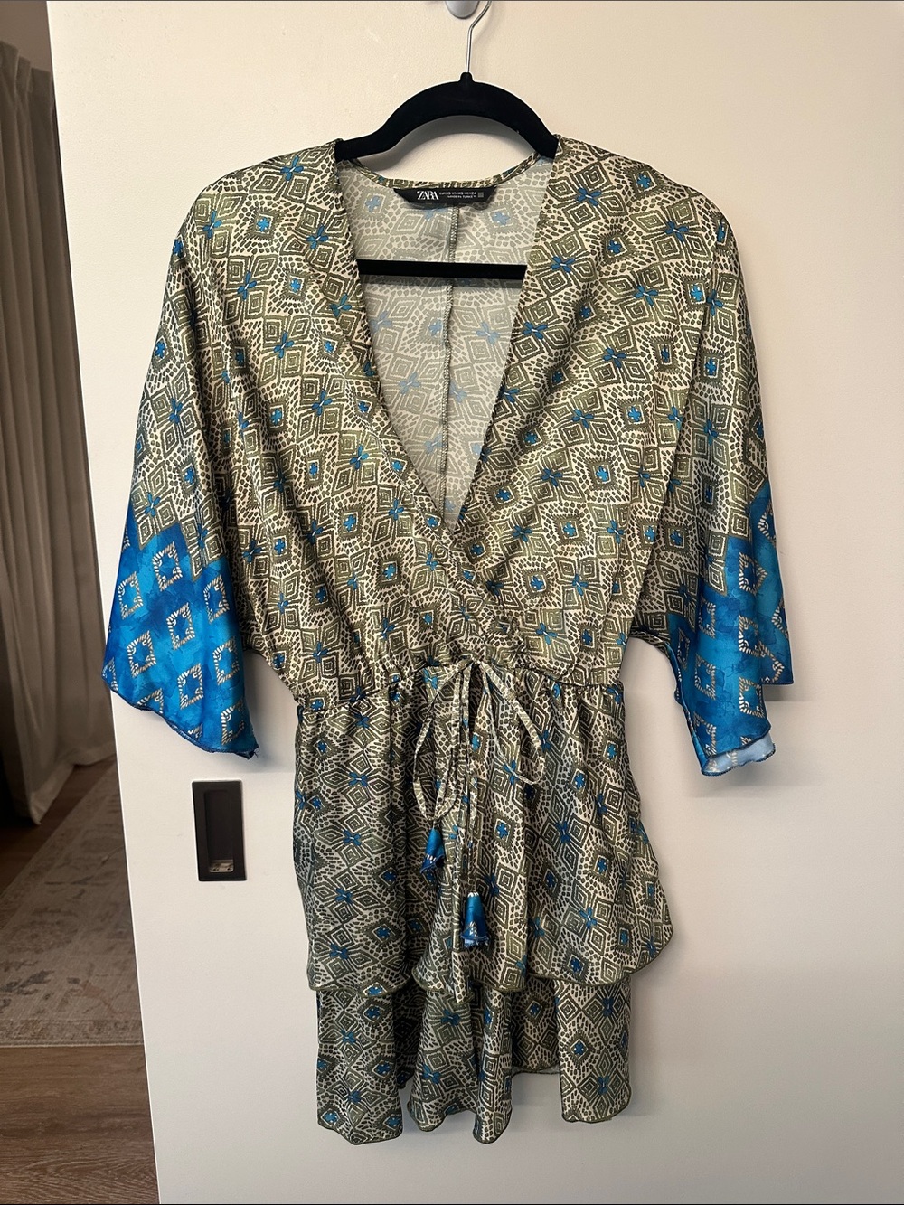 Zara Green and Blue Printed Satin Dress